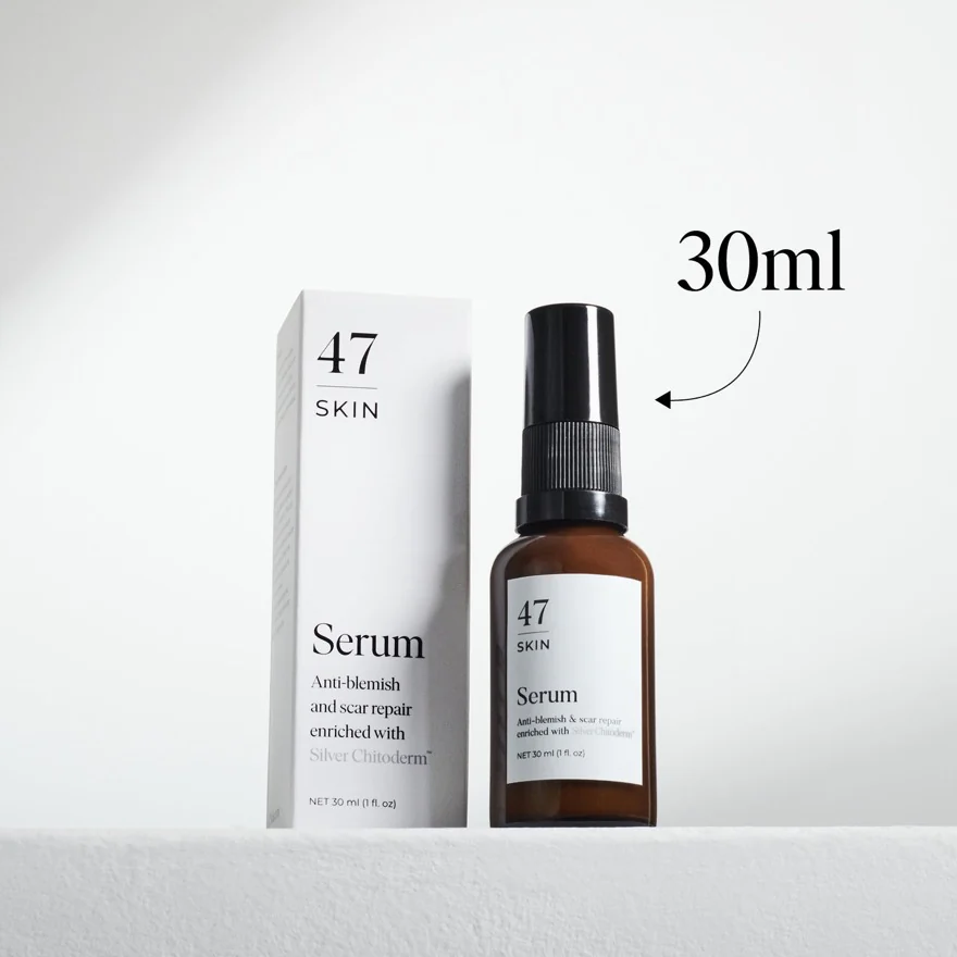 The 30ml 47 Skin serum bottle standing beside its carton