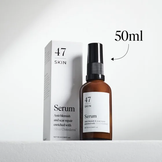 The 50ml 47 Skin serum bottle standing beside its carton