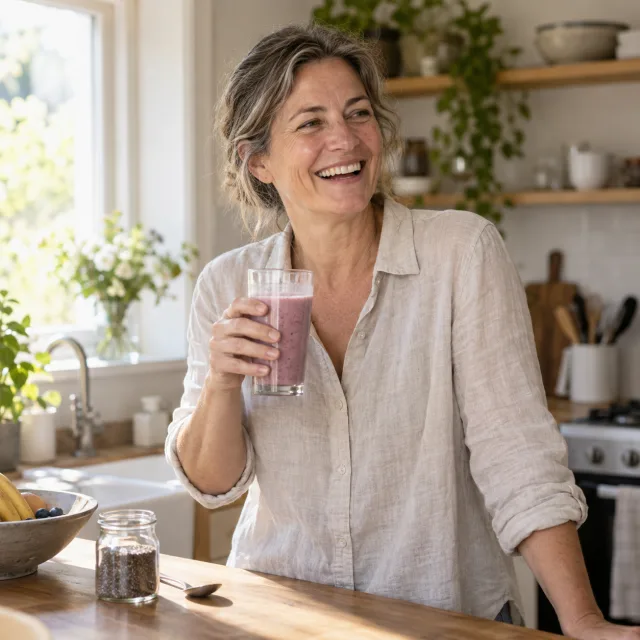 A woman laughing in a sunlit kitchen, holding a glass of a berry-coloured drink, an illustrative portrait