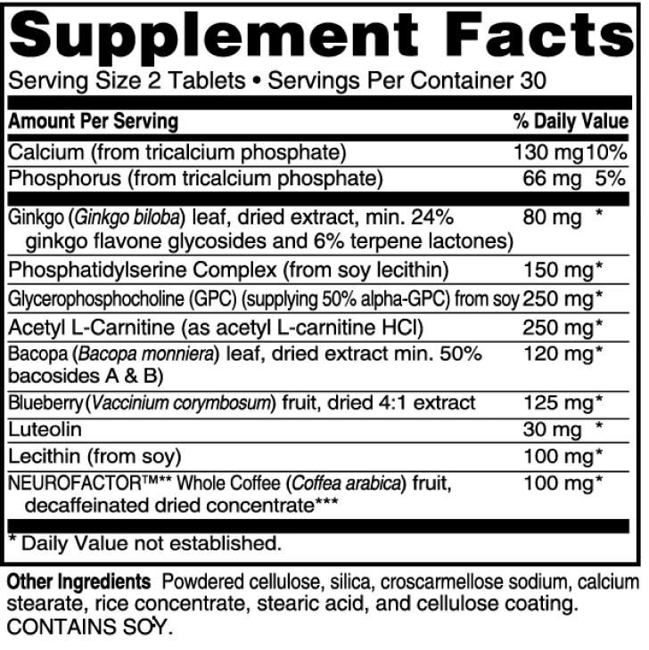 Advanced Memory Formula's own Supplement Facts panel, Serving Size 2 Tablets, Servings Per Container 30, listing 11 actives with milligrams and percent daily value, from the seller's product materials