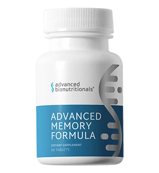 The Advanced Memory Formula bottle: white with a blue band reading Advanced Memory Formula, Dietary Supplement, 60 Tablets, under the advanced bionutritionals wordmark