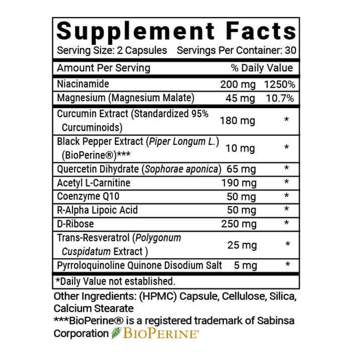 Advanced Mitochondrial Formula's own Supplement Facts panel, showing all eleven actives and their milligram amounts, from the seller's product materials