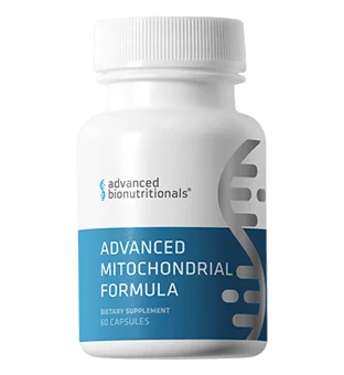 Advanced Mitochondrial Formula bottle photographed by Advanced Bionutritionals: a white bottle with a blue band reading Advanced Mitochondrial Formula, Dietary Supplement, 60 Capsules
