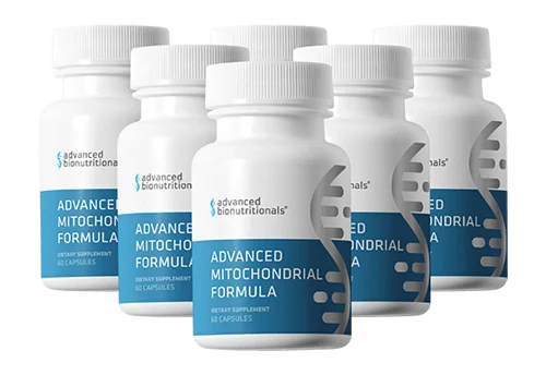 Six Advanced Mitochondrial Formula bottles arranged together, the manufacturer's own photograph of the six-bottle pack