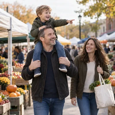 A man in his early forties laughing with his four-year-old son on his shoulders at an outdoor farmers' market, his wife walking beside them