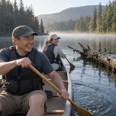 Two men in their late forties laughing as they paddle a canoe across a misty forest lake in the early morning