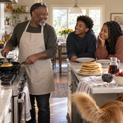 A man in his mid fifties laughing as he flips pancakes at a stove while his two teenage children wait at the counter with plates