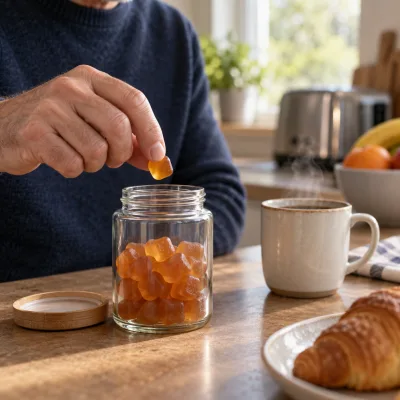 A man's hand lifting one soft amber gummy from a plain unlabeled jar on a kitchen counter, a cup of coffee steaming beside it