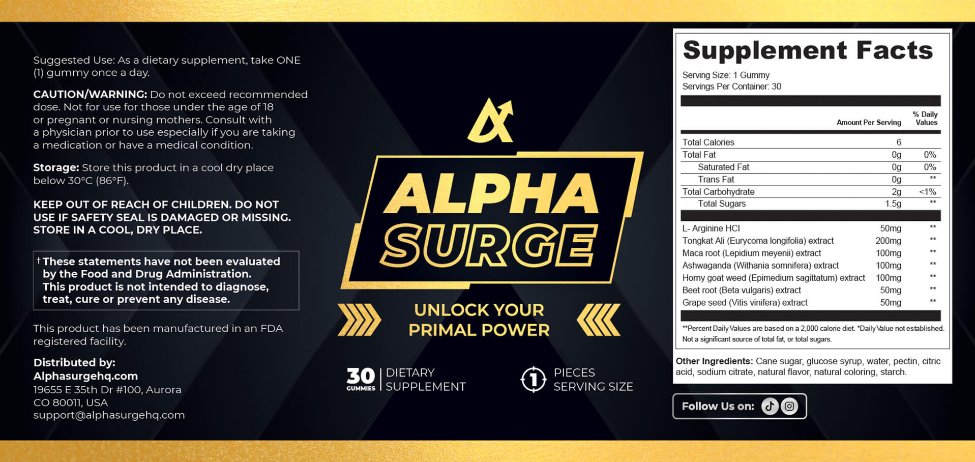 Alpha Surge ME's own Supplement Facts panel, showing all seven named actives with milligram amounts, from the seller's own label image