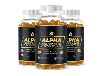 Three Alpha Surge bottles seen from the front: the brand name and "Unlock Your Primal Power", and nothing that identifies the formula, from the seller's own product photo