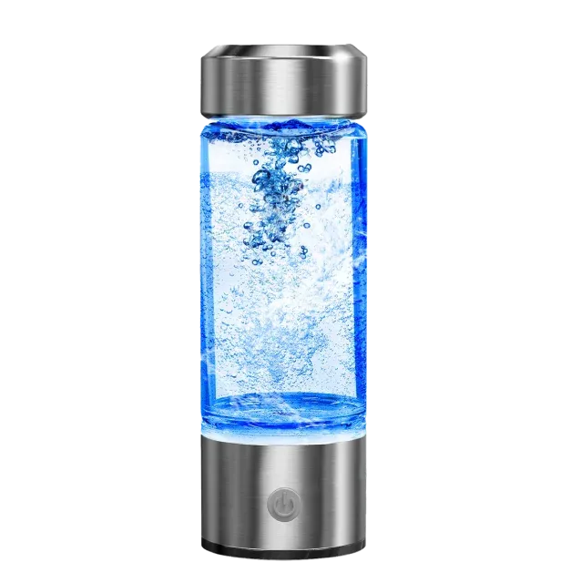 AquaFusion hydrogen water bottle with glass body and stainless steel lid and base