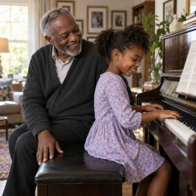 A man in his late sixties on a piano bench laughing beside his nine-year-old granddaughter as she plays an upright piano