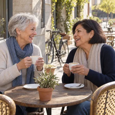 Two women in their sixties laughing across a small cafe table on a sunlit terrace, coffee cups in hand