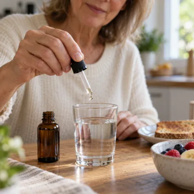 A woman's hands squeezing one drop from a plain glass dropper into a glass of water at a breakfast table, an unlabeled amber bottle beside it