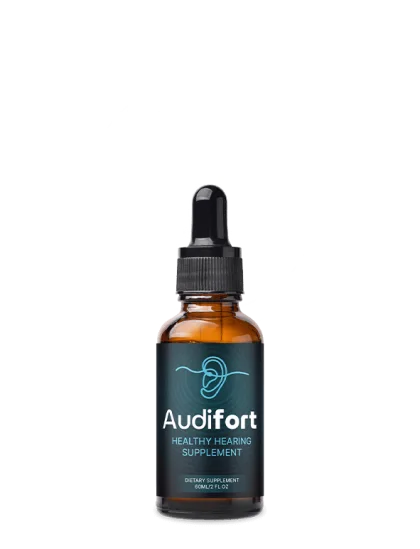 The Audifort bottle as the seller photographs it: amber glass dropper bottle, Healthy Hearing Supplement, dietary supplement