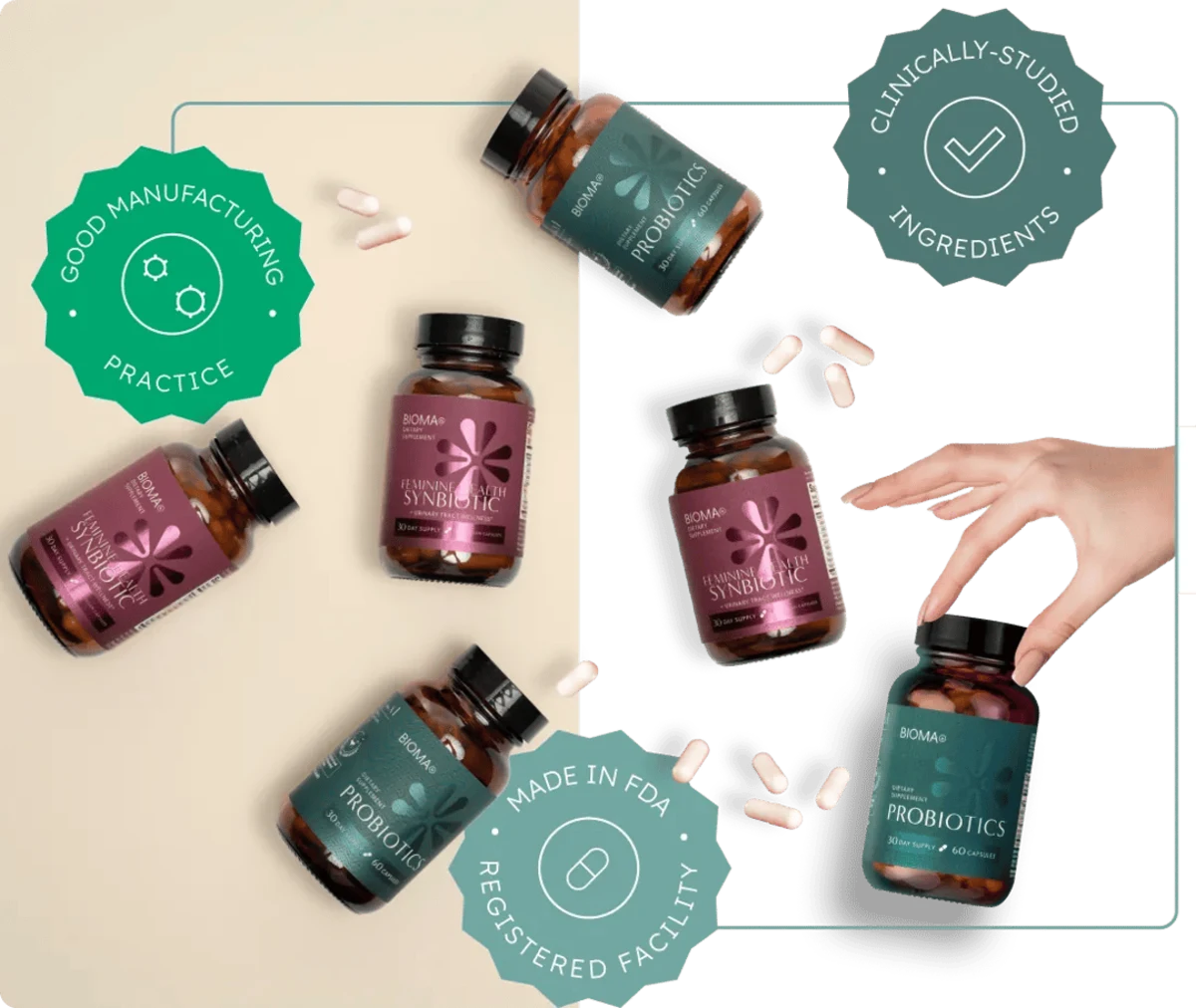 Bioma's own product family photo, showing Weight Loss & Gut Health Probiotics bottles alongside the separate Feminine Health Synbiotic line