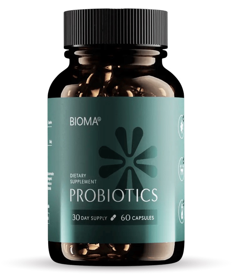 Bioma Probiotics product photo: an amber glass bottle with a black cap and a green label reading BIOMA, Dietary Supplement, Probiotics, 30 Day Supply, 60 Capsules