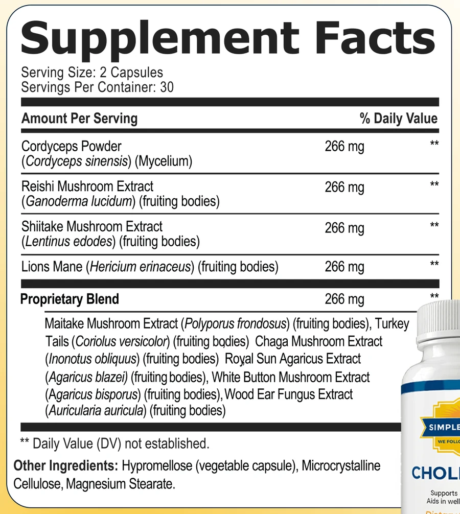 Cholibrium's own Supplement Facts panel, Serving Size 2 Capsules, Servings Per Container 30, from the brand's product materials