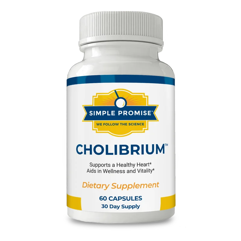 Cholibrium bottle photographed by Simple Promise: a white bottle with the Simple Promise seal, the label reading Cholibrium, Dietary Supplement, 60 Capsules, 30 Day Supply