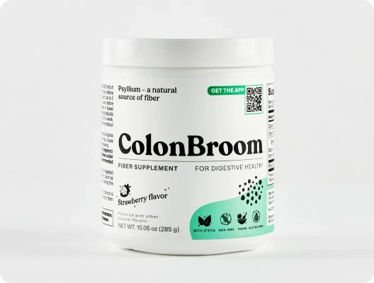 ColonBroom base fiber powder tub, white label, strawberry flavor, from the seller's own store product photo