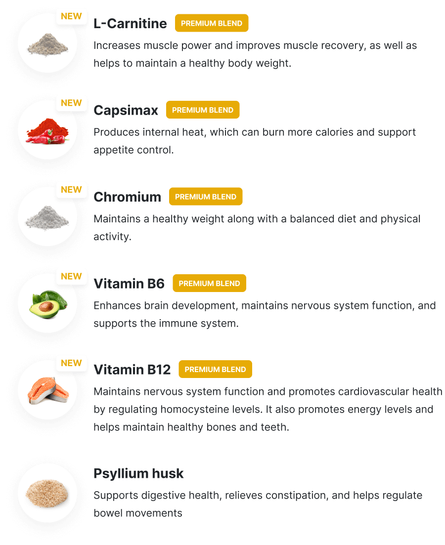 ColonBroom Premium's own marketing card listing six ingredients with NEW and PREMIUM BLEND tags, no milligram amounts printed anywhere on it