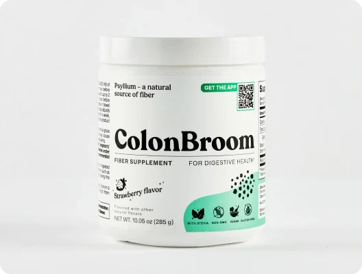 ColonBroom base fiber powder photographed by the seller: a white tub reading ColonBroom, FIBER SUPPLEMENT, FOR DIGESTIVE HEALTH, strawberry flavor, NET WT. 10.05 oz (285 g), with the Supplement Facts panel wrapping round the side