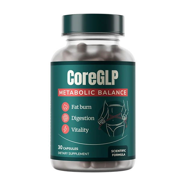 Die CoreGLP-Flasche des Anbieters: dunkelgrünes Etikett mit CoreGLP, Metabolic Balance, den Kurzclaims Fat burn, Digestion und Vitality sowie 30 Capsules