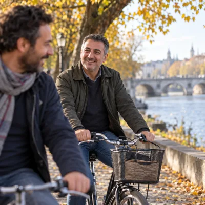 Ein Mann Ende vierzig radelt in Alltagskleidung gemütlich auf einem Radweg am Fluss entlang, hinter einem Freund, an einem hellen Herbstmorgen