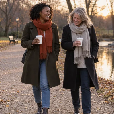 Zwei Frauen, eine Mitte dreißig und eine Anfang fünfzig, gehen lachend mit Kaffeebechern nebeneinander durch einen Park im Herbst