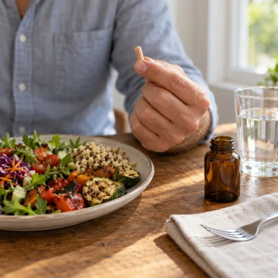 Die Hand eines Mannes hält eine einzelne Kapsel neben einem Teller mit buntem Salat und einem Glas Wasser; daneben eine schlichte Flasche ohne Etikett
