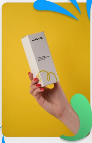 The Curex box as Curex photographs it, held up against a yellow background: Custom Allergy Immunotherapy Drops on the label