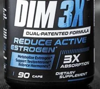 Close-up of the DIM 3X front label as printed: Dual-Patented Formula, Reduce Active Estrogen, Metabolize Estrogen, Support Testosterone, Balance Hormones, 3X Absorption, 90 caps, dietary supplement
