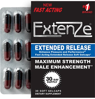 The ExtenZe retail carton beside its blister of soft gelcaps, as the manufacturer photographs it, the box reading Extended Release, Maximum Strength Male Enhancement, 30-day supply, 30 soft gelcaps, dietary supplement