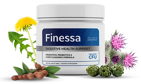 Finessa tub photographed by the seller: a white tub with a blue label reading Finessa, MAXIMUM ABSORPTION, DIGESTIVE HEALTH SUPPORT, PREBIOTICS, PROBOTICS AND LIVER CLEANSING FORMULA, 3 BILLION CFU, NET WT. 3.38 OZ (96G), with dandelion, milk thistle, artichoke and burdock arranged around it