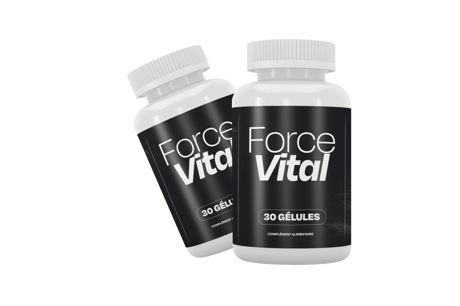 Deux flacons de ForceVital avec leur étiquette noire, visuel fourni par le vendeur