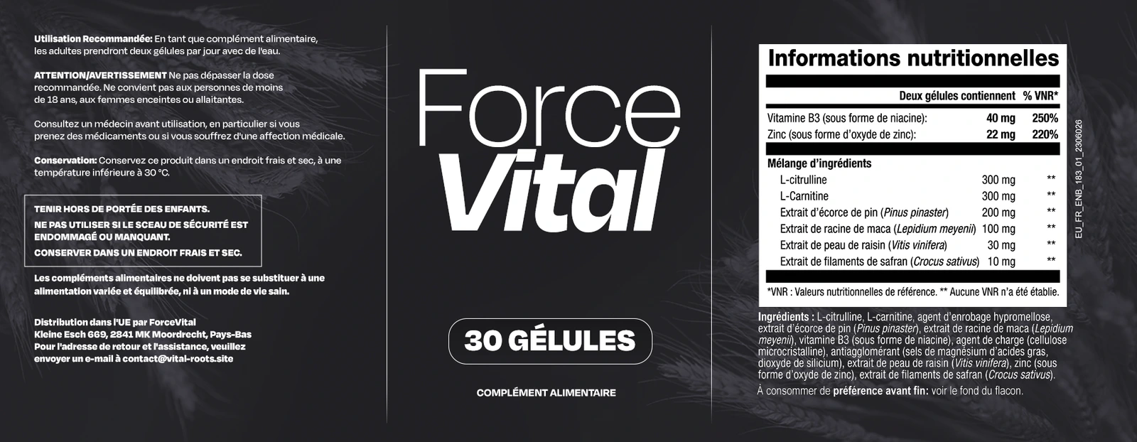 Étiquette officielle de ForceVital : deux gélules par jour, 40 mg de niacine (250% VNR) et 22 mg de zinc (220% VNR)