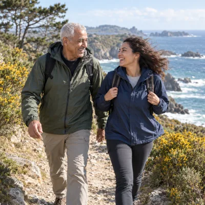 Un homme d'une soixantaine d'années et sa fille adulte rient en marchant sur un sentier côtier venteux au-dessus de la mer