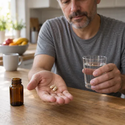 La paume d'un homme tient deux gélules à côté d'un verre d'eau, sur une table de cuisine le matin, avec un petit flacon ambré sans étiquette