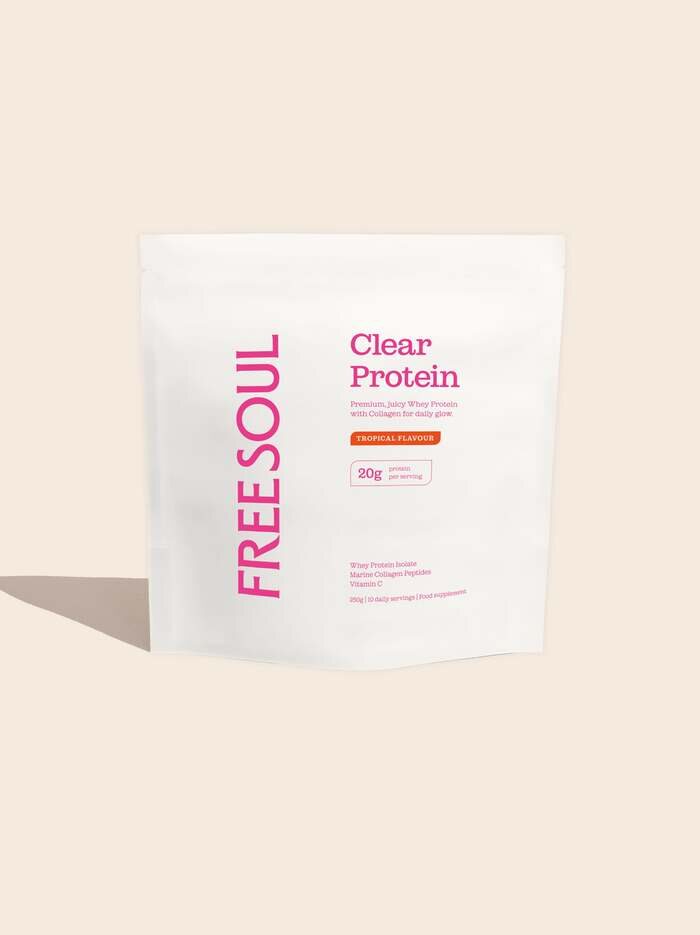 Free Soul Clear Protein, the white pouch of clear whey with marine collagen in tropical flavour, against a plain background