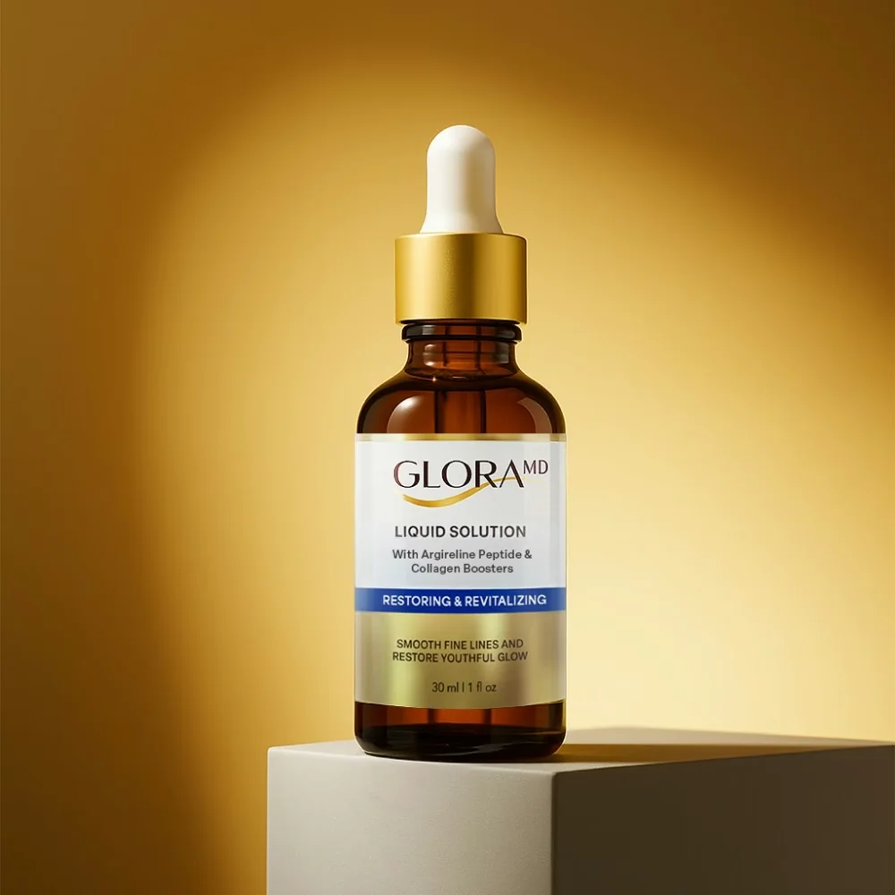 GloraMD Liquid Solution amber glass dropper bottle with gold cap on a stone pedestal