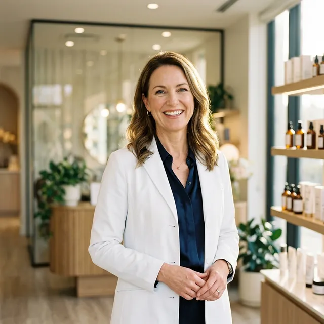 Generated illustrative portrait of a clinician in a white coat in a skincare clinic