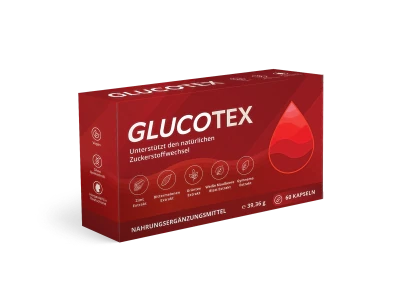Glucotex-Packung mit der Aufschrift Unterstützt den natürlichen Zuckerstoffwechsel, 60 Kapseln, aus den Materialien des Anbieters