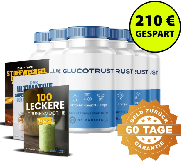 Sechs weiße Dosen GlucoTrust in zwei Reihen, davor drei E-Book-Cover, dazu ein Aufkleber mit 210 Euro gespart und ein Siegel mit 60 Tage Geld zurück Garantie