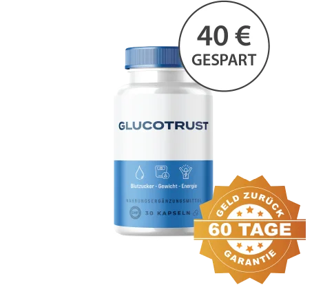 Dieselbe weiße Dose mit blauem Deckel, freigestellt, daneben der Aufkleber mit 40 Euro gespart und das Siegel mit 60 Tage Geld zurück Garantie, Produktfoto aus dem Bildmaterial des Anbieters