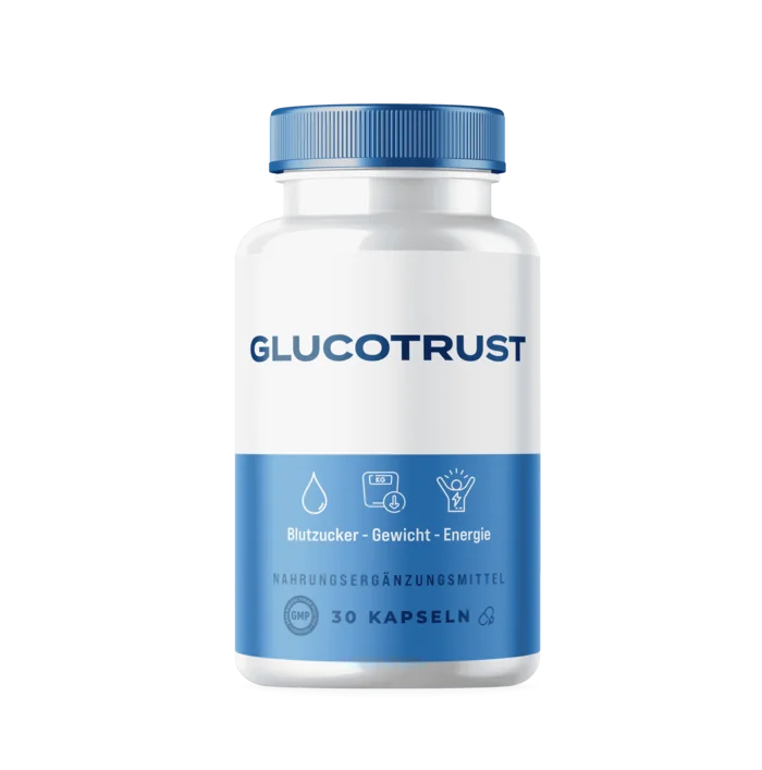 Die GlucoTrust-Dose des Anbieters: weiße Dose mit blauem Deckel, Aufschrift GLUCOTRUST, Blutzucker, Gewicht, Energie, Nahrungsergänzungsmittel, 30 Kapseln