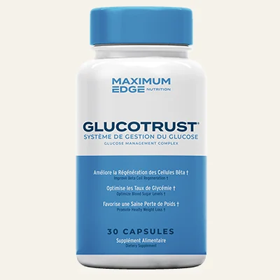 Flacon de GlucoTrust, visuel fourni par le vendeur, montrant l'étiquette française avec ses trois sous-mentions imprimées