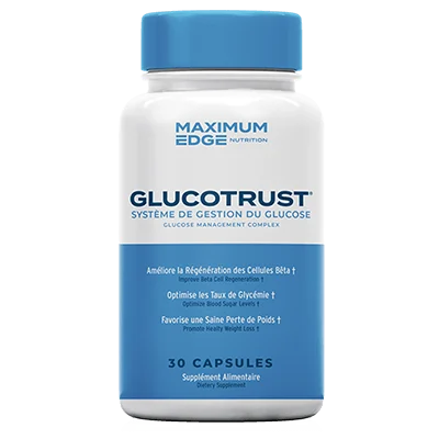 Le flacon GlucoTrust du vendeur : étiquette bleue et blanche, Maximum Edge Nutrition, Système de Gestion du Glucose, 30 capsules