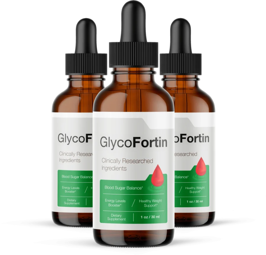 GlycoFortin as the manufacturer photographs it, three 1 oz dropper bottles, the label reading Clinically Researched Ingredients, Blood Sugar Balance, Dietary Supplement, 1 oz / 30 ml