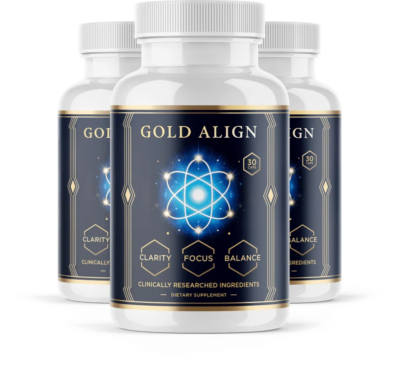 Three GoldAlign bottles photographed by the manufacturer, a navy and gold label reading GOLD ALIGN, 30 caps, Clinically Researched Ingredients, Dietary Supplement