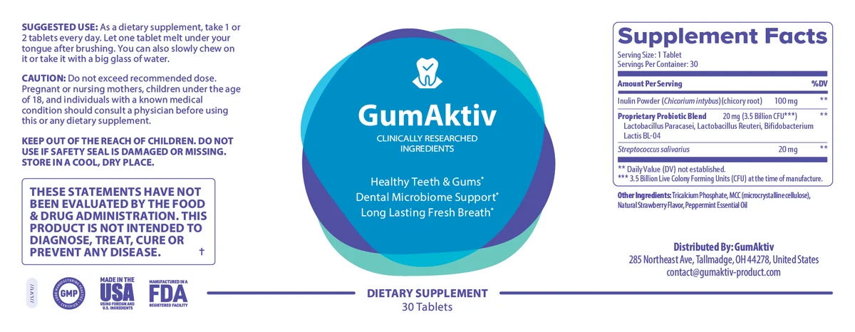 GumAktiv's full printed label: suggested use, caution, the Supplement Facts panel with Inulin Powder 100 mg, a Proprietary Prebiotic Blend 20 mg at 3.5 billion CFU and Streptococcus salivarius 20 mg, and the distributor address in Tallmadge, Ohio